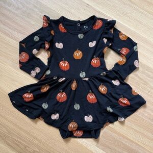 Kyte Midnight Pumpkin Long Sleeve Ruffle Twirl Bodysuit Dress